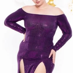 Curvy Sense Plus Size Hannah Sequins Slit Dress - Purple