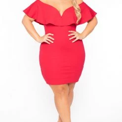Curvy Sense Plus Size Frill Bodycon Dress - Red Back In Stock
