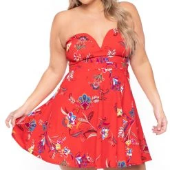 Curvy Sense Plus Size Kaila Floral Dress- Red
