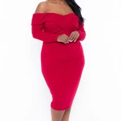 Curvy Sense Plus Size Lydia Off The Shoulder Dress- Red Dresses