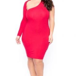 Curvy Sense Dresses Plus Size One Sleeve Asymmetric Dress - Red