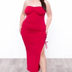 Curvy Sense Dresses Plus Size Side Lace-Up Strapless Dress - Red