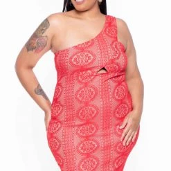 Curvy Sense Plus Size Stretch Two Tone Lace Nylah Midi Dress - Red Dresses