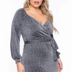 Curvy Sense Plus Size Rhianna Metallic Surplice Dress- Silver Party Shop