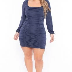 Curvy Sense Plus Size Alma Ruched Slinky Dress - Slate Blue Dresses