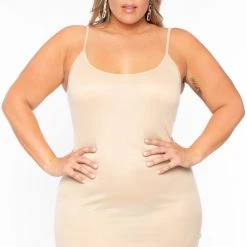 Curvy Sense Back In Stock Plus Size Slip Dress- Tan