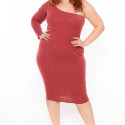 Curvy Sense Plus Size Asymmetric Ribbed Dress -Terracota