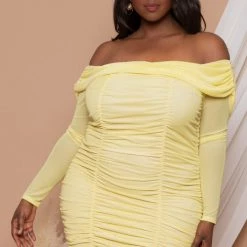Curvy Sense Plus Size Adriana Ruched Bodycon Dress - Yellow