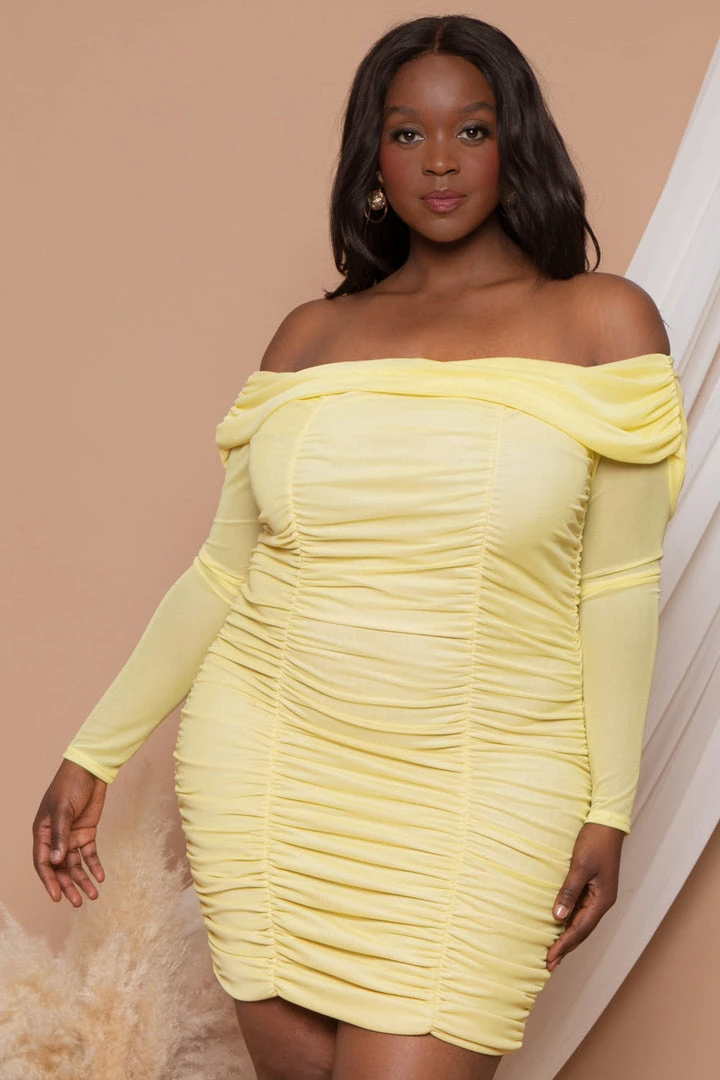 Curvy Sense Plus Size Adriana Ruched Bodycon Dress - Yellow 4 Curvy Sense Plus Size Adriana Ruched Bodycon Dress - Yellow