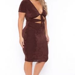 Curvy Sense Plus Size Ada Slinky Bodycon Dress - Brown