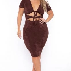 Curvy Sense Plus Size Ada Slinky Bodycon Dress - Brown