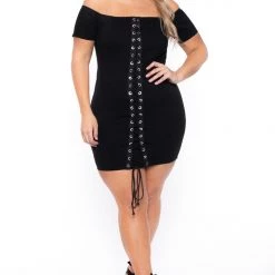 Curvy Sense Plus Size Aliz Grommet Bodycon Dress- Black New Arrivals