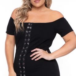 Curvy Sense Plus Size Aliz Grommet Bodycon Dress- Black New Arrivals