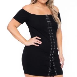 Curvy Sense Plus Size Aliz Grommet Bodycon Dress- Black New Arrivals