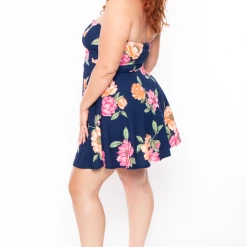 Curvy Sense Plus Size Amaryllis Floral Flare Dress - Navy
