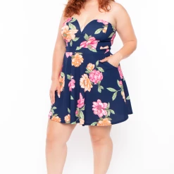 Curvy Sense Plus Size Amaryllis Floral Flare Dress - Navy