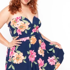 Curvy Sense Plus Size Amaryllis Floral Flare Dress - Navy