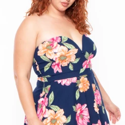 Curvy Sense Plus Size Amaryllis Floral Flare Dress - Navy