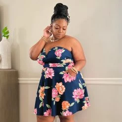 Curvy Sense Plus Size Amaryllis Floral Flare Dress - Navy