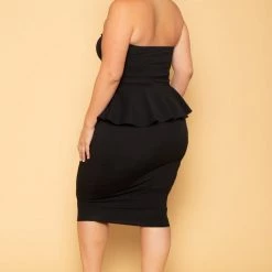 Curvy Sense Plus Size Amelie Peplum Bodycon Dress- Black New Arrivals