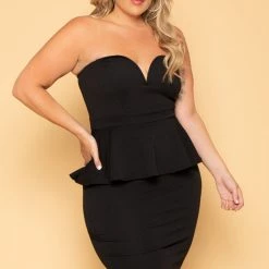 Curvy Sense Plus Size Amelie Peplum Bodycon Dress- Black New Arrivals