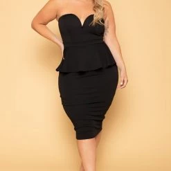 Curvy Sense Plus Size Amelie Peplum Bodycon Dress- Black New Arrivals