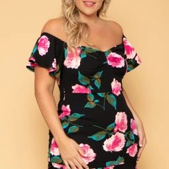 Curvy Sense New Arrivals Plus Size Amika Floral Dress- Black