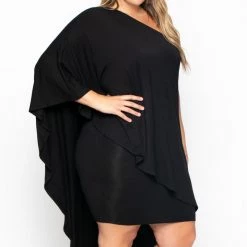 Curvy Sense Plus Size Asymmetric Draped Dress - Black