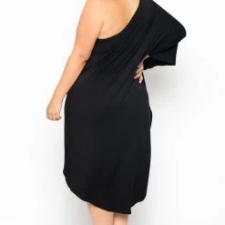 Curvy Sense Plus Size Asymmetric Draped Dress - Black