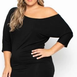 Curvy Sense Back In Stock Plus Size Asymmetric Knit Dress - Black