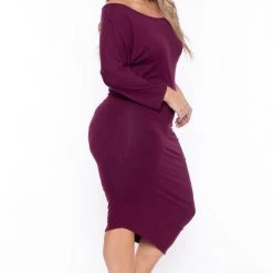 Curvy Sense Plus Size Asymmetric Knit Dress - Burgundy Dresses