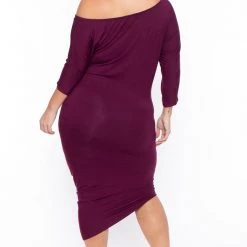 Curvy Sense Plus Size Asymmetric Knit Dress - Burgundy Dresses