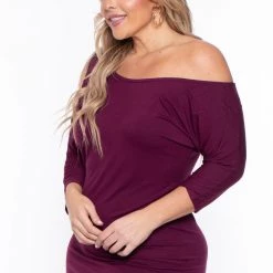 Curvy Sense Plus Size Asymmetric Knit Dress - Burgundy Dresses