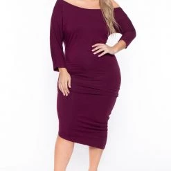Curvy Sense Plus Size Asymmetric Knit Dress - Burgundy Dresses