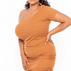 Curvy Sense Dresses Plus Size Asymmetric Ribbed Bodycon Dress - Camel