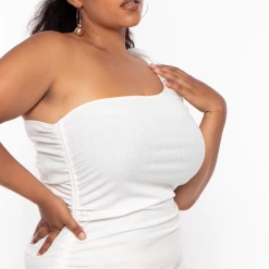 Curvy Sense Plus Size Asymmetric Ribbed Bodycon Dress - Ivory