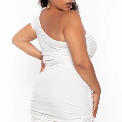 Curvy Sense Plus Size Asymmetric Ribbed Bodycon Dress - Ivory