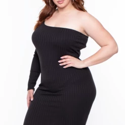 Curvy Sense Plus Size Asymmetric Ribbed Dress - Black Little Black Styles