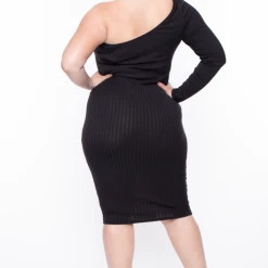 Curvy Sense Plus Size Asymmetric Ribbed Dress - Black Little Black Styles