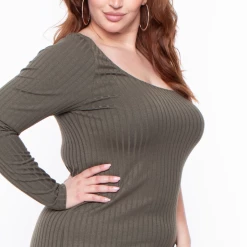 Curvy Sense Dresses Plus Size Asymmetric Ribbed Dress -Olive