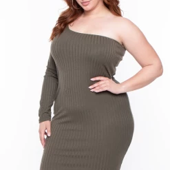 Curvy Sense Dresses Plus Size Asymmetric Ribbed Dress -Olive