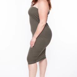 Curvy Sense Dresses Plus Size Asymmetric Ribbed Dress -Olive