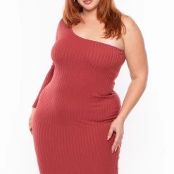 Curvy Sense Plus Size Asymmetric Ribbed Dress -Terracota