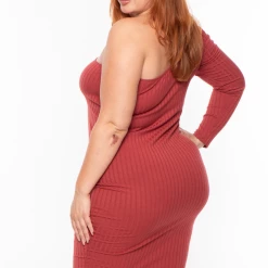 Curvy Sense Plus Size Asymmetric Ribbed Dress -Terracota