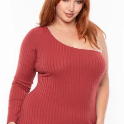 Curvy Sense Plus Size Asymmetric Ribbed Dress -Terracota