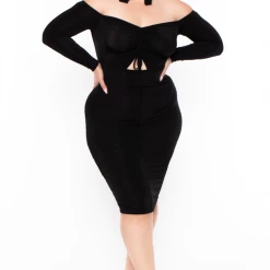 Curvy Sense Plus Size Aveline Ruched Dress - Black Party Shop