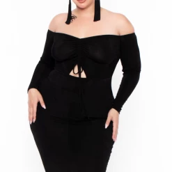 Curvy Sense Plus Size Aveline Ruched Dress - Black Party Shop