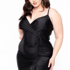 Curvy Sense Plus Size Barbie Ruffled Dress - Satin Black