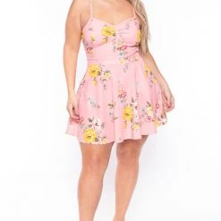 Curvy Sense Plus Size Blossom Floral Dress- Pink