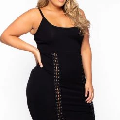Curvy Sense Plus Size Bodycon Grommet Lace Up Dress - Black Back In Stock